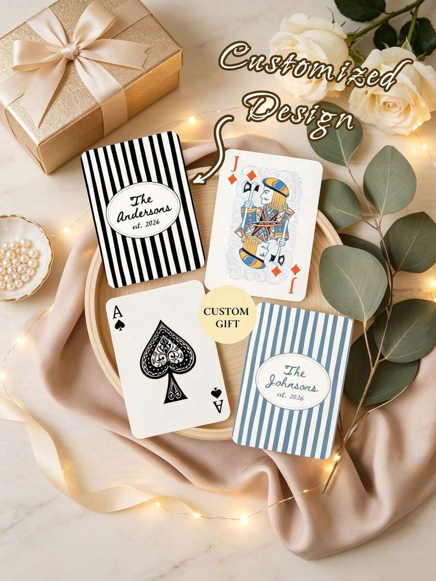 Personalized Striped Custom Name Playing Cards, Custom Family Surname Playing Card Set, Unique Wedding Favor, Newlywed Couple Bridal Shower Commemorative Gift - Multicolor - View 1