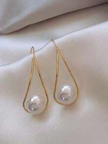 1 Pair Gold Twisted Wire Pearl Drop Earrings, Minimalist Open Hook Fashion Women's Jewelry - Gold - View 3