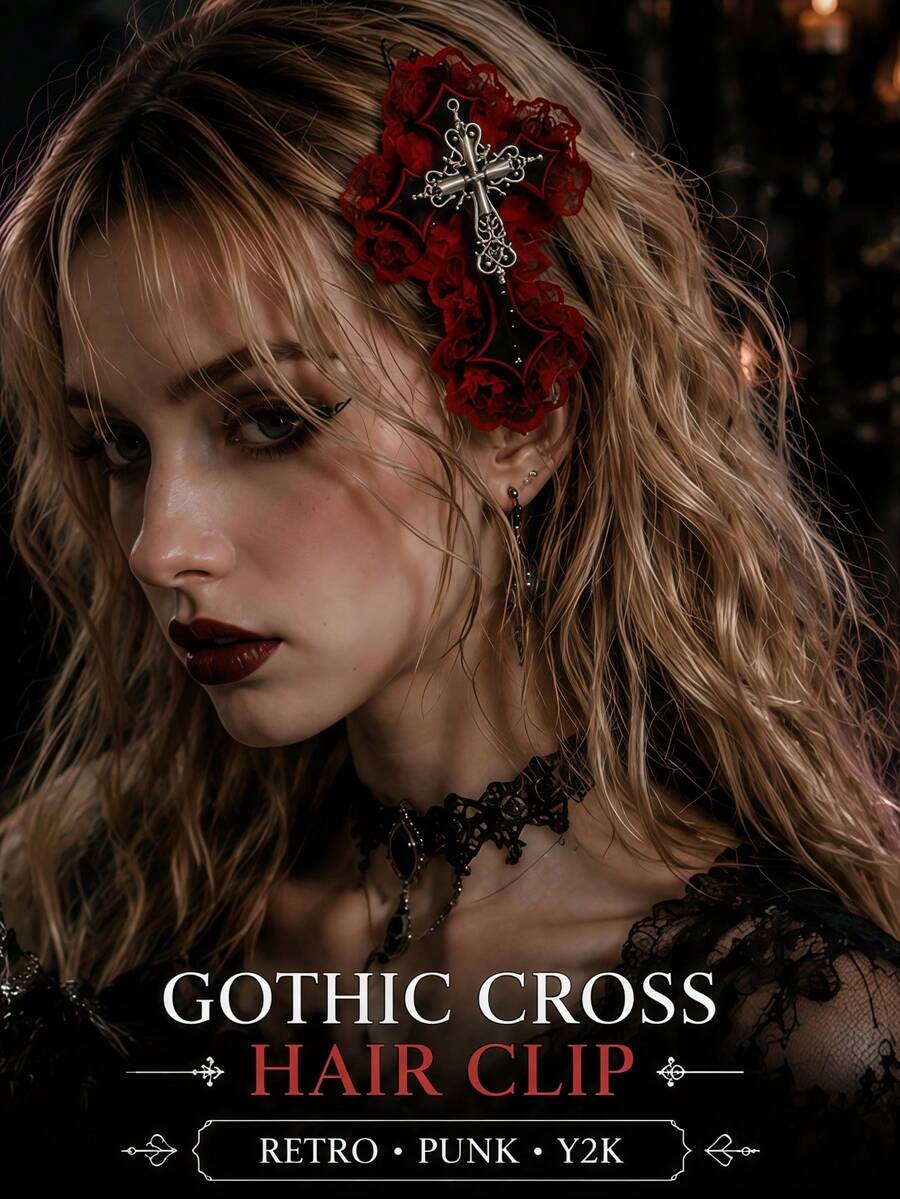 1pc Random Color Mixed Women's Hair Accessory Dark Punk Cross Alligator Hair Clip Gothic Lace Edge Hair Clip Y2K, Suitable For All Seasons Daily Wear - Multicolor - View 1