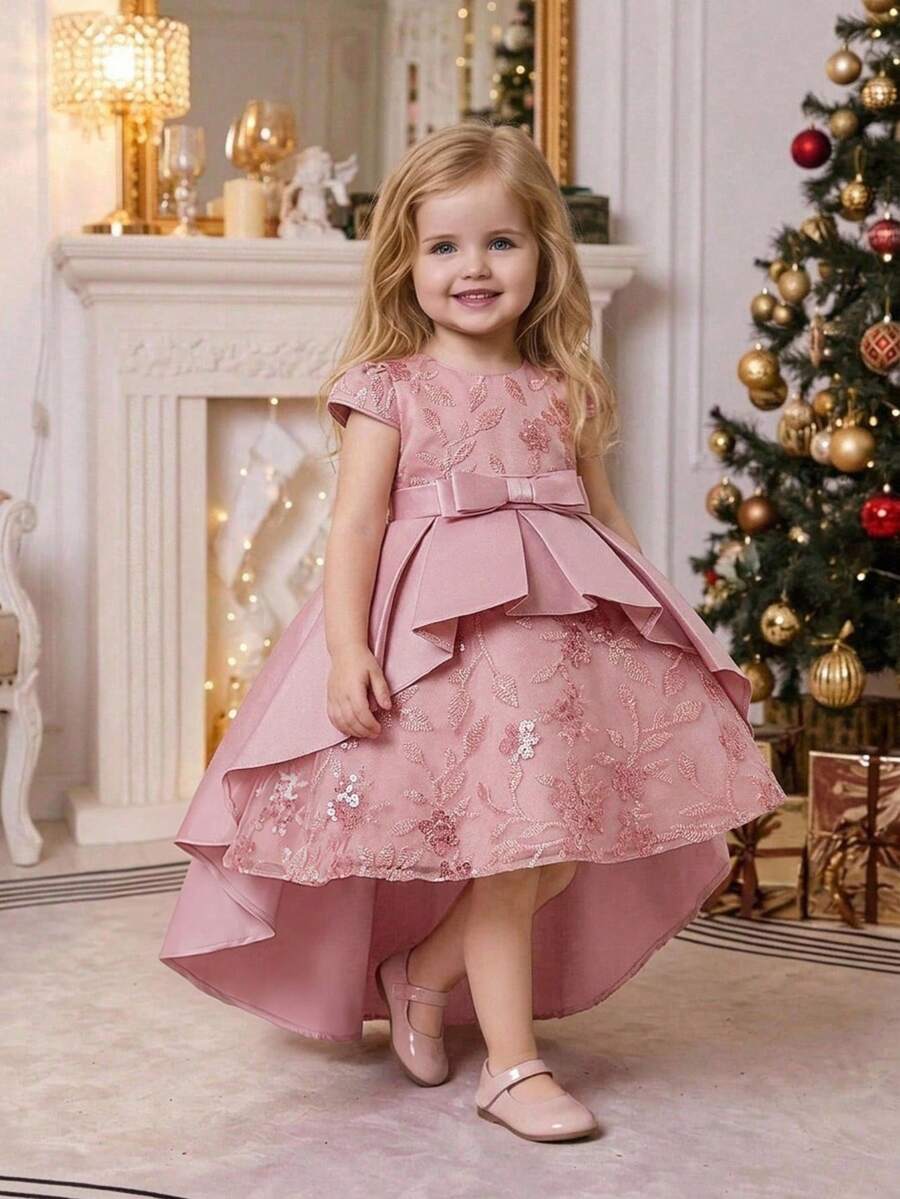 Baby Girls Round Neck Sequin Embroidered Satin Cute Flower Girl Birthday Train Dress Suitable For Party, Fabric Pattern Randomly Cut, Headband Not Included - Dusty Pink - View 1