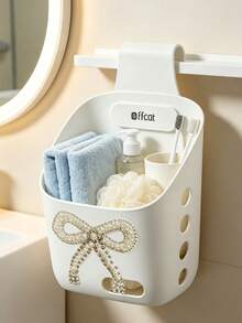Cute Pearl Bow Hanging Storage Basket, Wall-Mounted Plastic Storage Box, Suitable For Shower, Dorm, Gym, Travel Accessories, Space-Saving Hanging Storage Bag, Suitable For Shower, Bedroom, RV Bathroom, Kitchen, Home Storage And Dressing Room, Lightweight And Durable Mesh Bag, Convenient For Storing Cosmetics, Towels, Small Items, Suitable For Christmas, Easter, Back To School Season, Dorm Storage - Multicolor - View 2