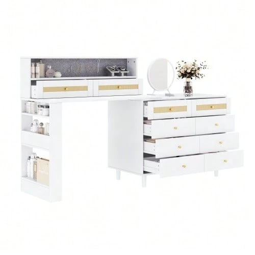 Vanity Table With Jewelry Cabinet And Mirror, 10 Drawers, Tempered Glass Top And Rattan Decor, Large Dressing Table With Ample Storage, 105 * 50 * 108 Cm, White, For Bedroom And Dressing Room - View 1