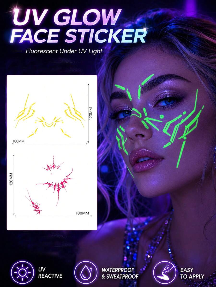 2Pcs UV Fluorescent Face Stickers, Cyber Mechanical Geometric And Spider Web Temporary Tattoos, Waterproof Sweat‑Proof Facial Decor Stickers For Rave Festival Halloween Party, Lasts 2‑5 Days - Multicolor - View 1