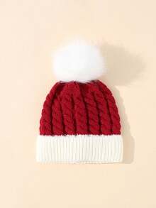 1PC Toddler Kids Christmas Theme Cable Knit Cap, Festive Red White Contrast Fluffy Pom Pom Beanie For Winter Costumes, Christmas Thanksgiving Gifts - Multicolor - View 4
