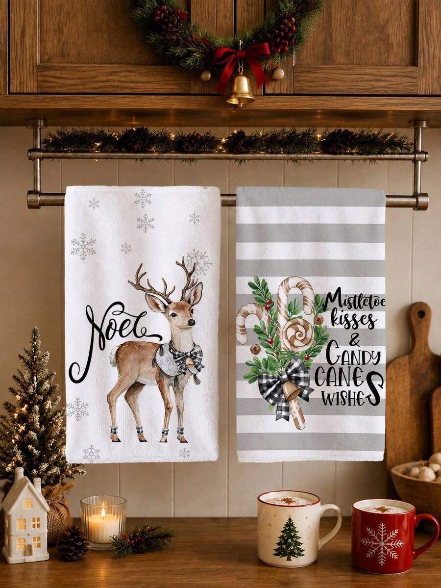 2PCS Kitchen Towel, Christmas Reindeer Candy Pattern Kitchen Towel Dish Cloth, 40*60cm Rectangular Microfiber Cleaning Kitchen Towel, Perfect For Kitchen, Dining Room And Bathroom Use, Christmas Kitchen Decor, Home Decor, Neighbor Housewarming Gift, Dishcloth - White - View 1