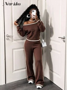 NEW IDEA Setelan Rajut Dua Potong Kasual Wanita Warna Cokelat untuk Musim Gugur dan Musim Dingin, Atasan Crop Lengan Panjang Off-Shoulder & Celana Panjang Lebar untuk Acara Malam, Sehari-hari, dan Jalan-jalan. - Coklat - View 5