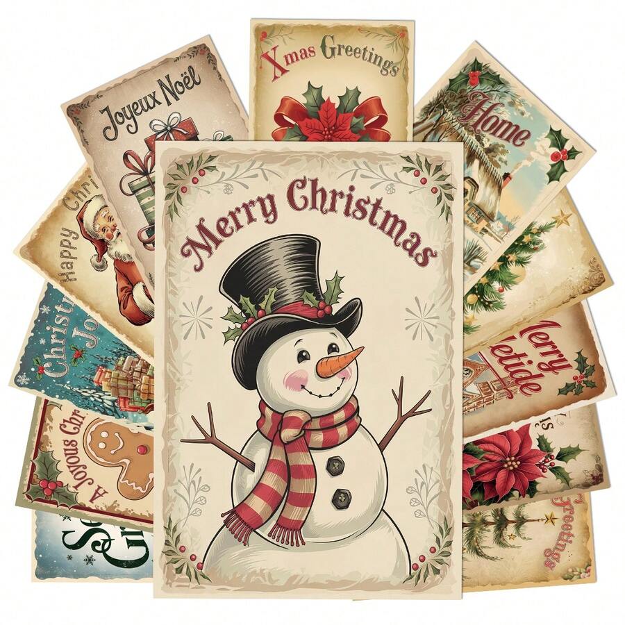 12pcs Vintage Christmas Postcards, Santa Claus Snowman Gingerbread Man & Christmas Tree Pattern Wall Collage Set, Suitable For Home Bedroom Decor, Christmas Mini Posters With Dot Stickers, Holiday Cards, Christmas Decorations