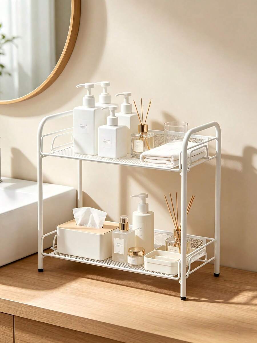 2‑Tier Iron Desktop Storage Rack, Reinforced Hollow Mesh, Black & White, Countertop Organizer For Desk Kitchen Bathroom Cosmetics Spices - A - View 1
