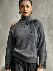 Sweater Ukuran Besar Musim Gugur/Dingin Leher Tinggi dengan Bahu Terbuka, Hiasan Pita yang Dapat Dilepas, Manset Renda, Lengan Panjang, Rajutan Longgar - Dark Grey - View 1