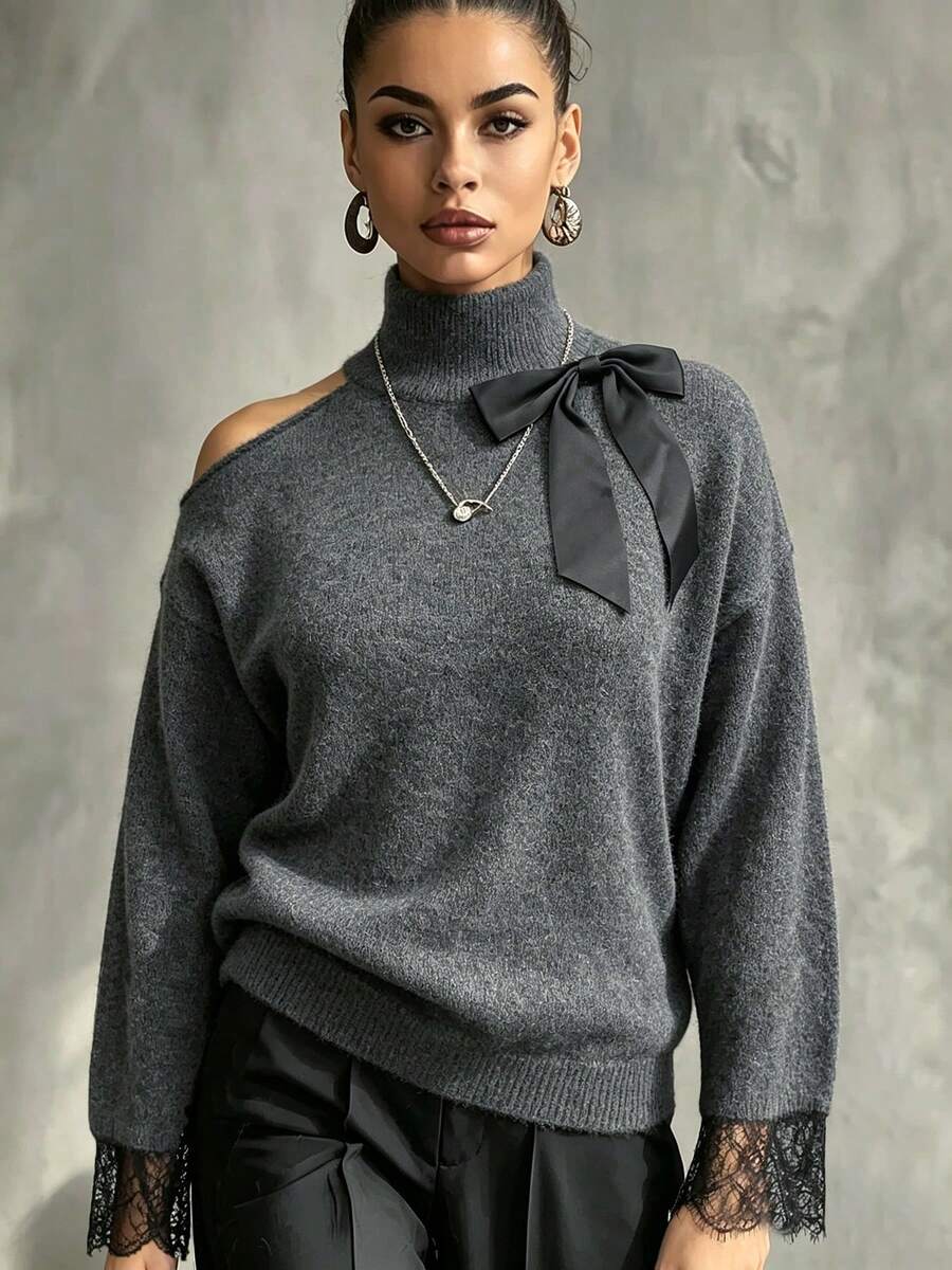 Sweater Ukuran Besar Musim Gugur/Dingin Leher Tinggi dengan Bahu Terbuka, Hiasan Pita yang Dapat Dilepas, Manset Renda, Lengan Panjang, Rajutan Longgar - Dark Grey - View 1