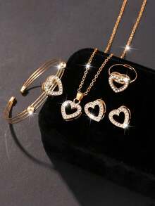 5pcs Women's Gold Tone Rhinestone Heart Necklace Bracelet Ring Earring Set - Multicolor - View 1