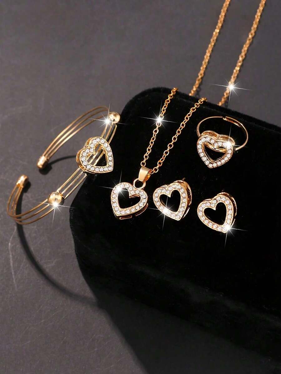 5pcs Women's Gold Tone Rhinestone Heart Necklace Bracelet Ring Earring Set - Multicolor - View 1