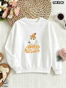 Kids' Cute Cat Halloween Sweatshirt: Long Sleeve Crew Neck, Loose Fit, Breathable & Comfortable For Spring/Fall Outdoor Play - White - View 2