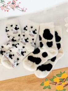 2 Pairs Cute Cow Pattern Plush Round Neck Fluffy Socks, Thick Warm Coral Fleece Socks, Soft & Comfortable, Suitable For Daily Wear, Holiday, Winter Home Warmth, Cozy & Caring - Multicolor - View 3