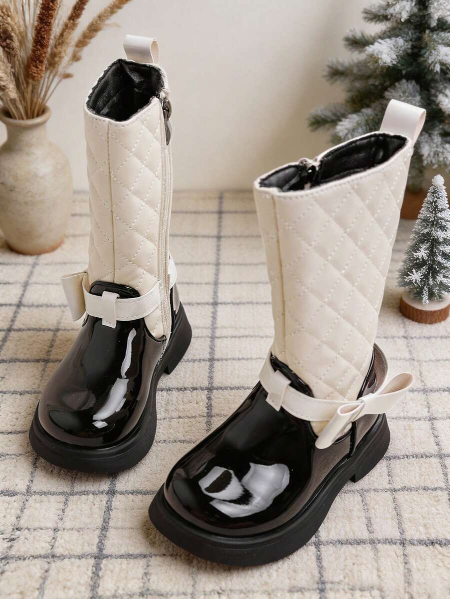 1 Pair Fashionable Girls' Gentle Style Diamond Pattern Mid-Calf Boots, Side Zipper Bow Decor College Style Leather Boots, Suitable For School Outfits, Birthday Parties, Daily Wear, Autumn/Winter - Beige - View 1