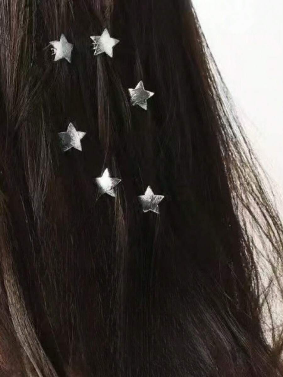 6pcs Star Braid Hair Clips, Gold Metal Wire Bead Hair Clips, Personalized Fashion Hair Accessories - Silver - View 1
