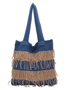 Tas Tote Rumbai Colorblock Vintage, Tas Anyaman Bergaris dan Berumbai, Tas Bahu Kapasitas Besar Kasual Gaya Liburan Santai - MultiWarna - View 8