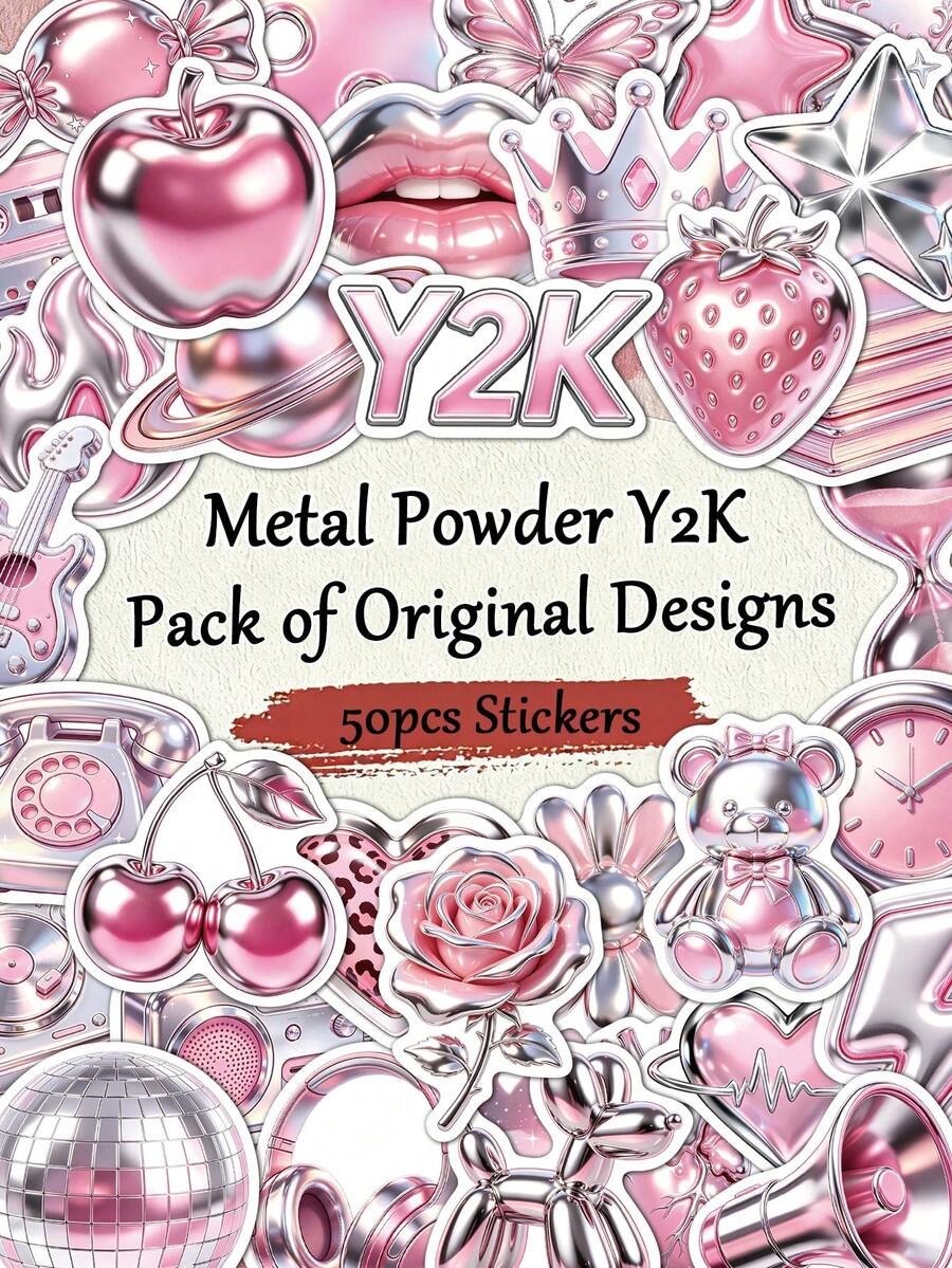 50pcs Y2K Metallic Powder Stickers For Adults Teens Sticker Enthusiasts Scrapbooking Journaling Laptops Skateboards More, Add A Fun Touch To Your Devices! - A - View 1