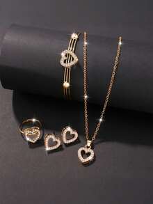 5pcs Women's Gold Tone Rhinestone Heart Necklace Bracelet Ring Earring Set - Multicolor - View 2