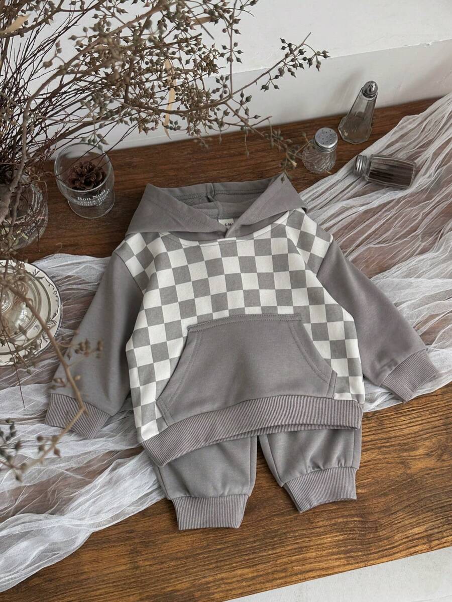 2pcs/Set Baby Grey Checkerboard Patchwork Towel Embroidery Long Sleeve Sweatshirt & Long Pants Spring Autumn Minimalist Set