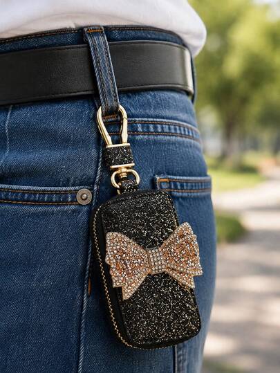 Bow Car Key Case, Key Wallet, Auto Key Protector, Built-In Chain, Protects Car Keys, Can Be Hung On Waist Or Bag, Ideal For Daily Commute And Travel, Suitable For Car Enthusiasts, Can Be Used As Car Key Cover, Remote Control Protector, Fashionable Key Chain, Earphone Bag, Coin Purse, Gift For Women, Lovers, Family, Friends, Birthday Gift, Holiday Gift, Party Gift, Travel Gift