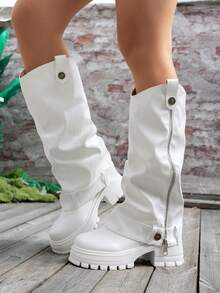 Thick Sole Tall Boots, Ruched Leg Boots, Women's Autumn/Winter New Wrinkled Boots, Petite High Shaft Riding Boots, Knee-High Boots, Fashionable Pant-Style Boots - White - View 4
