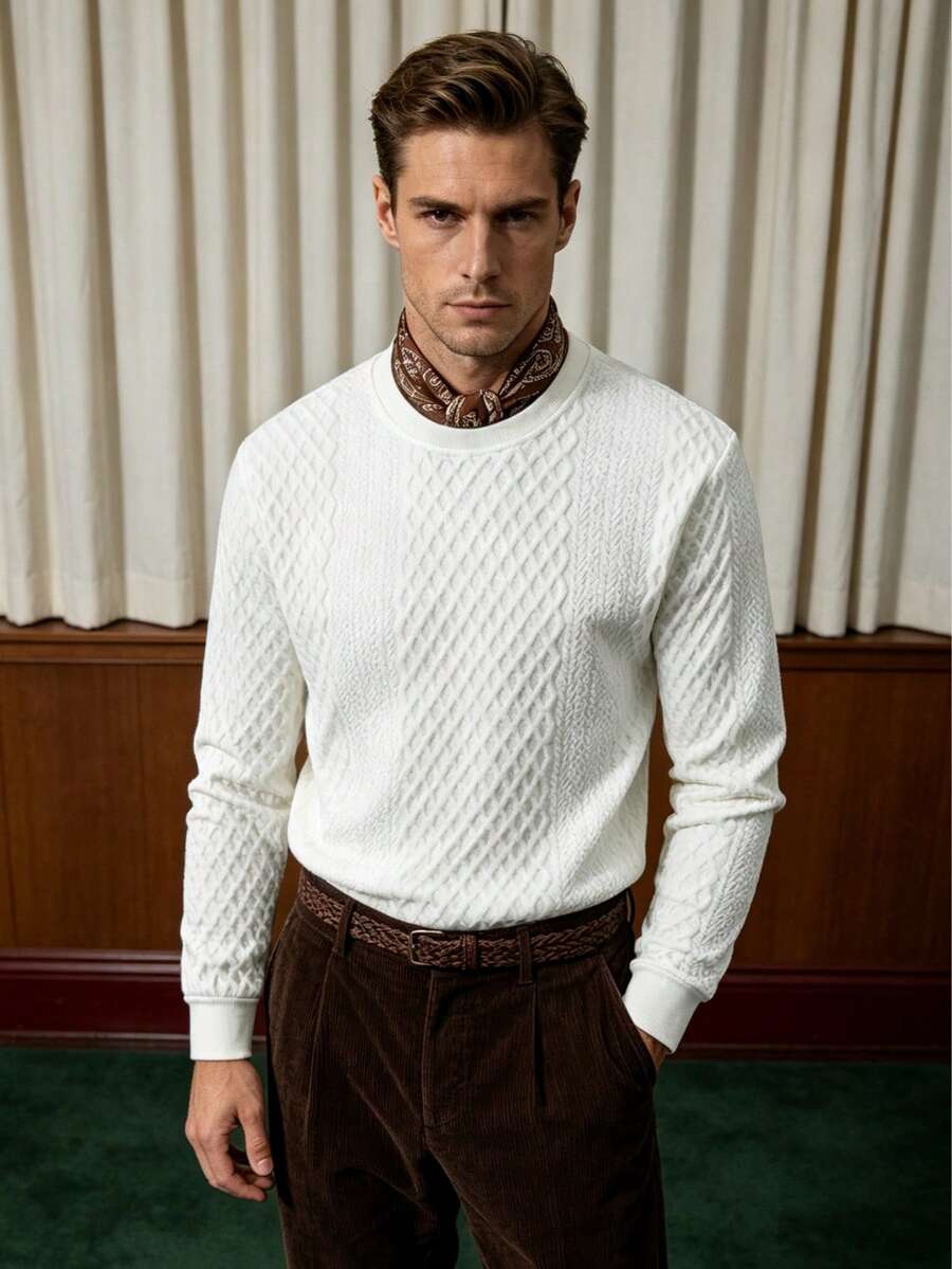 Men's Autumn Embossed Print Crew Neck Sweatshirt, Long Sleeve Top - White - View 1