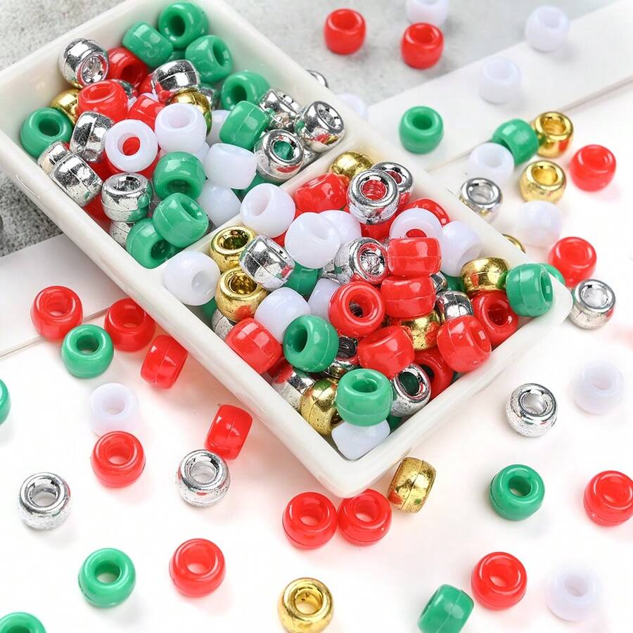 200/500pcs Christmas Ponytail Beads 6*9mm Large Hole Acrylic Round Spacer Beads For Jewelry Making DIY Bracelets Necklaces Keychains Holiday Decor
