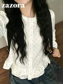 Korean Style Button Polka Dot Round Neck Ruffle Long Sleeve T-Shirt, Ballet Style Casual Versatile Loose Top For Early Autumn - White - View 4
