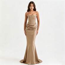 Women Satin Pleated Patchwork Maxi Elegant Dress, Cocktail Semi Formal Prom Dress, For Birthday, Wedding Guest, Graduation, Dinner, Homecoming - Khaki - View 2