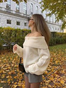 Autumn/Winter Cold Shoulder Sweater, Loose Ribbed Knit Top, Collar Design, Lazy Comfortable Sexy Style, Suitable For Autumn/Winter Dates And Back To School Outfits - Apricot - View 1