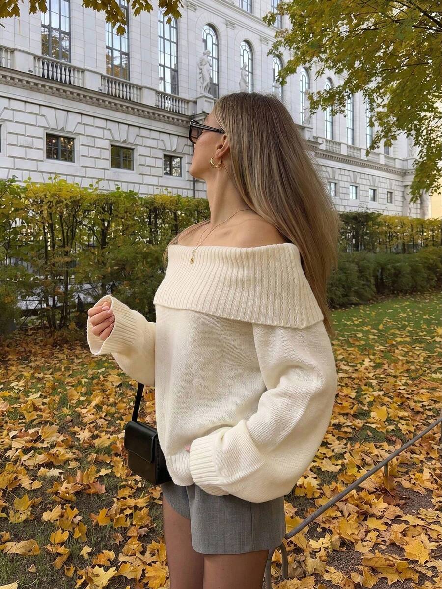Autumn/Winter Cold Shoulder Sweater, Loose Ribbed Knit Top, Collar Design, Lazy Comfortable Sexy Style, Suitable For Autumn/Winter Dates And Back To School Outfits - Apricot - View 1