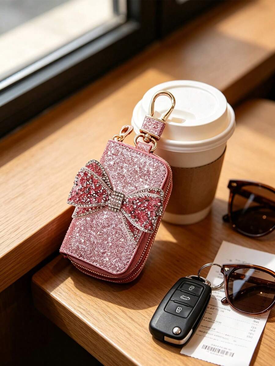 Bow Car Key Case, Key Wallet, Auto Key Protector, Built-In Chain, Protects Car Keys, Can Be Hung On Waist Or Bag, Ideal For Daily Commute And Travel, Suitable For Car Enthusiasts, Can Be Used As Car Key Cover, Remote Control Protector, Fashionable Key Chain, Earphone Bag, Coin Purse, Gift For Women, Lovers, Family, Friends, Birthday Gift, Holiday Gift, Party Gift, Travel Gift - Multicolor - View 1