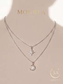 1pc Minimalist Fashion Double Layer Star & Moon Necklace, Suitable For Women, Ins Style Gift, Versatile And Easy To Match With Various Outfits, Also A Perfect Accessory For Dates And Parties. - Style 2 - View 2