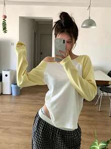 女款露肩長袖針織上衣，圓領設計，時尚常規長度，秋季針織毛衣 - 黃色 - 查看 12