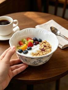 1pc Ins Style French Vintage Fresh Elegant High-End Exquisite Ceramic Bowl, Suitable For Fruit, Rice, Noodles, Salad, Etc., Ideal For Restaurant, Kitchen, Party Gathering, Gift Giving And Personal Use - Baby Blue - View 1