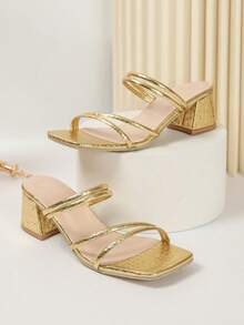 Women's Fashion High Heel Sandals, Elegant Open Toe Gold Crocodile Embossed Chunky Heel Slip-On Mule Sandals, Suitable For Commuting, Shopping, Beach, Party, Spring/Summer Outfits - Gold - View 6
