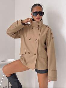 Women Solid High Neck Double Breasted Long Sleeve Short Trench Coat, Casual Loose Commuter Outerwear - Khaki - View 5