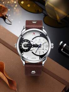 Never-Stop Men's Quartz Watch Round Color-Block Multifunction Chronograph Dial Stitched Embossed Leather Strap Workwear Men's Watch Multi-Color Options Daily Versatile Holiday Gift - one-size - View 11