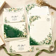 8pcs/Set (4 Envelopes + 4 Sheets) Green Branch Star Moon Floral Envelope & Letter Paper Set, Fresh Atmosphere Stationery For Journaling And Handwriting, Decorative Invitation Set, Creative Supplies For Students, Office And Campus Party - Green Branch Moon Letter - View 4