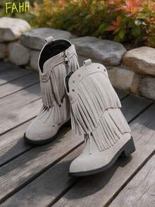 1 Pair Kids Vintage Western Cowboy Boots, Double Layer Fringe & Rivet Decor Mid-Calf Boots, Suitable For Holiday Parties, Daily Wear, Street Outings, Autumn/Winter - Grey - View 1