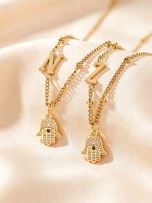 1 Piece Hamsa Hand Pendant Necklace For Women With 26 Letters Charm, Zirconia Eye Design Chain Necklace, Fashion Jewelry, Suitable For Daily Wear - Multicolor - View 4