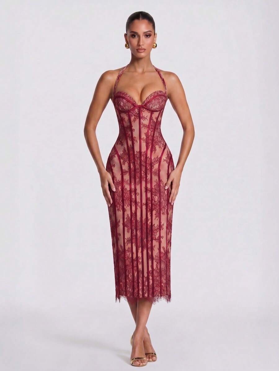 Elegant Women's Halter Neck Lace Backless Midi Party Evening Dress - Burgundy - View 1