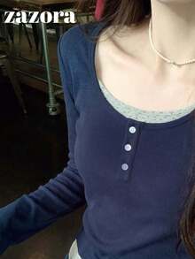 U-Neck 2 In 1 Long Sleeve T-Shirt Women, Fitted Base Layer Top, Sexy Style, Autumn - Navy Blue - View 6