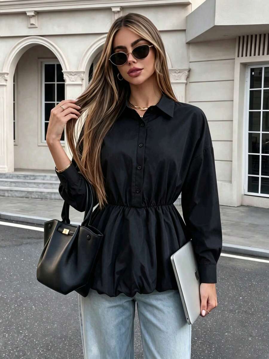 Women's Elegant Fashion Solid Color Blouse With Bud Hem - Black - View 1