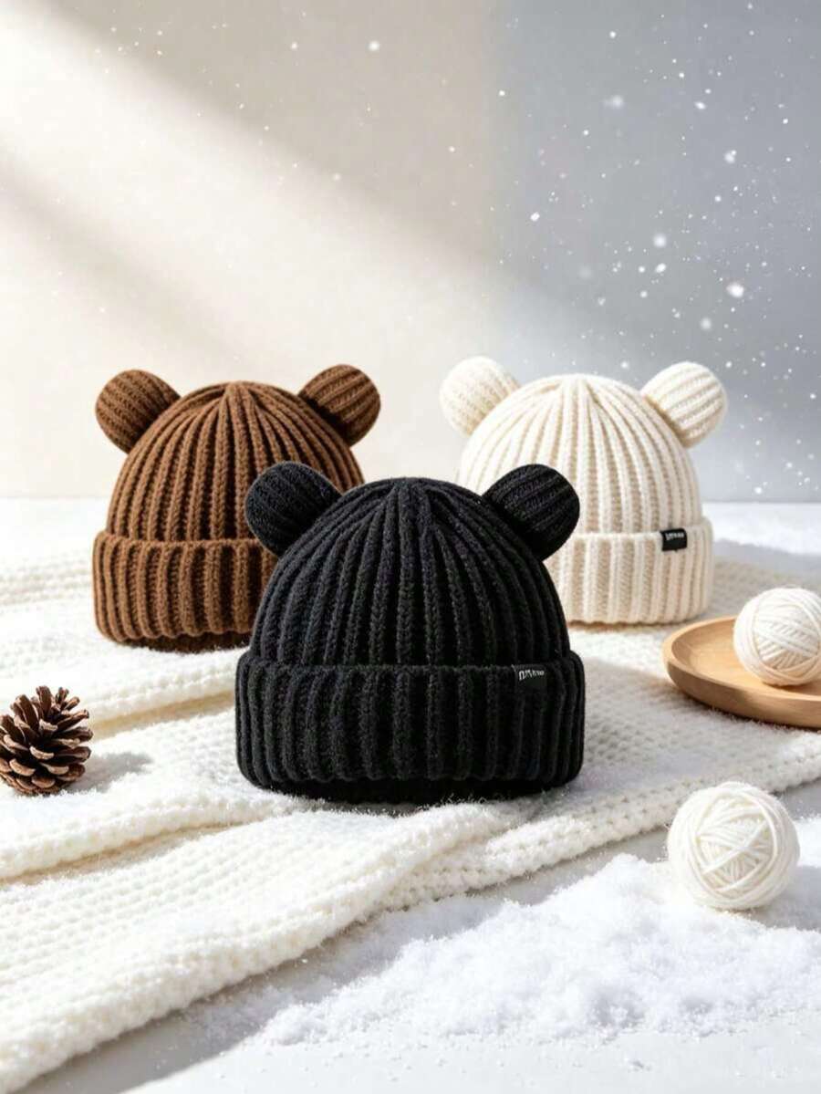 Women's Ribbed Knit Winter Hat With Decorative Pom Pom, Thick Folded Cuff Warm Knit Hat With Label Detail, Soft Warm Headwear, Suitable For Daily Outdoor Activities, 3 Colors Available - A - View 1
