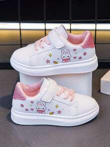 Girls Cute Rabbit Print White Sneakers, Hook And Loop Soft Sole Anti-Slip Skate Shoes, Star And Heart Casual School Slip-On Shoes - Pink - View 2