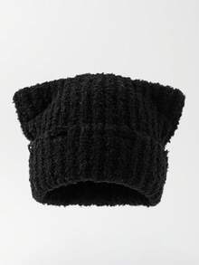 1pc Men's Cute Distressed Cat Ear Pom Pom Thick Knit Beanie Hat, Warm Knitted Cap For Autumn/Winter Daily Wear And Travel - A - View 2
