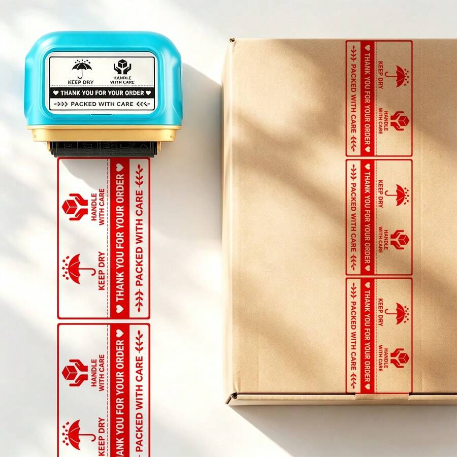 Self-Inking Continuous Roller Stamp, Moisture-Proof And Rain-Proof, KEEP DRY, HANDLE WITH CARE, THANK YOU FOR YOUR ORDER English Text, Fast Rolling Printing With Large Area Coverage, Replace Disposable Stickers, Efficient And Time-Saving, Suitable For Cardboard Boxes, Takeout Paper Bags, Cross-Border Shipping Packaging Tool - Packaging Thank You Stamp (Blue Handle, Red Ink) - View 1