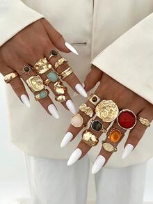 20pcs/6pcs Vintage Elegant Casual Style Women Metal Rings Inlaid With Colorful Resin Gemstones Suitable For Daily Wear, Vacation And Party Occasions, Gift Giving And Outfit Matching Exaggerated Jewelry - Gold - View 6